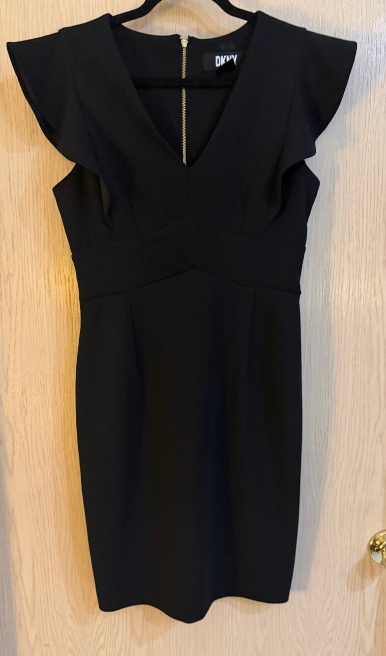DKNY Black Sheath Dress Size 4 Flutter Ruffle Sleeve Gold Zip Career Cocktail